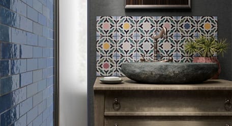 Tile trends feature image with various types of tiles displayed in a modern setting