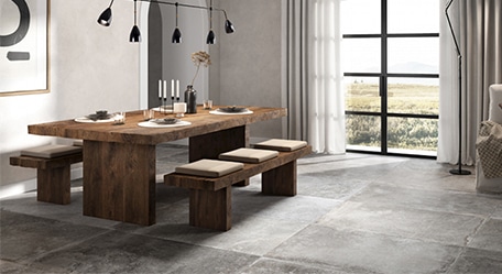 An elegant, modern bathroom showcasing Taurus stone tiles with a soft, natural color palette and a refined aesthetic.