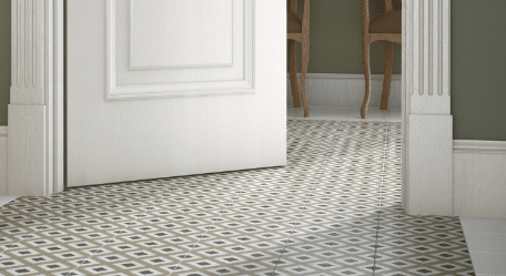 Hallway with stone tile floor and modern pendant lighting